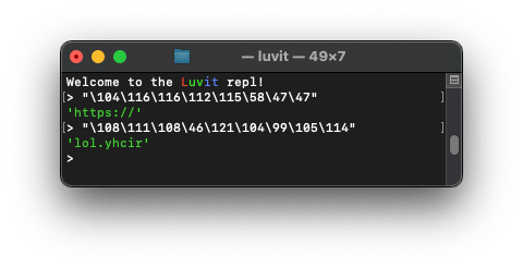 A screenshot of the Luvit Lua Runtime decoding the ASCII encoded strings