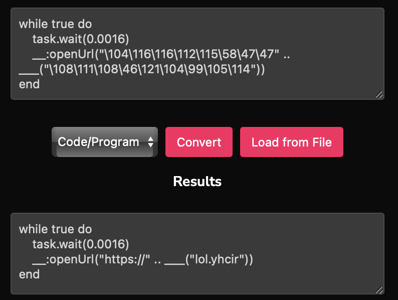 Using richy.lol/string-converter to convert embedded escape codes in Lua strings back to regular characters